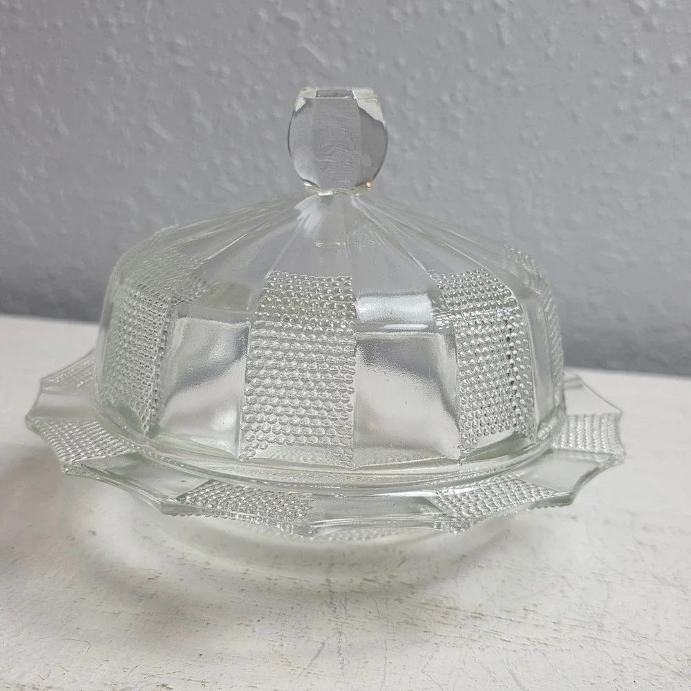 Vintage Jeannette 'Dewdrop' Clear Pressed Glass Butter Dish & Lid Art Deco Style